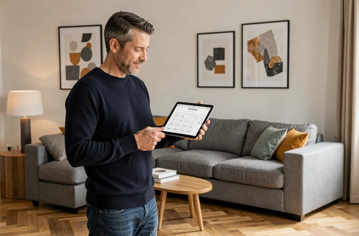 Homme debout dans un salon décoré tenant une tablette affichant les catégories d'un site de décoration intérieure
