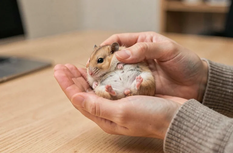 Femme tenant un hamster russe dans sa paume pour observer son sexe, vue rapprochée sur le ventre de l'animal