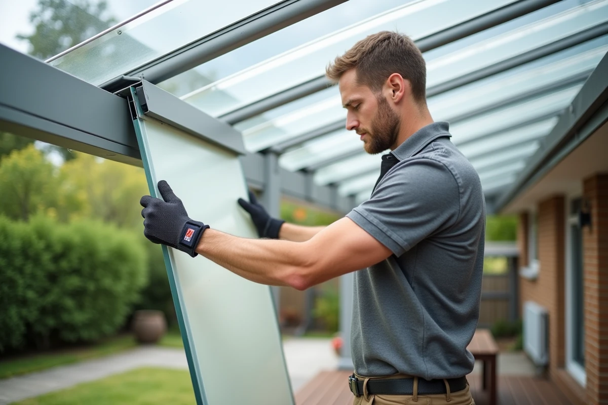 Pose de panneaux en polycarbonate opale sur une pergola par un technicien lors d'une installation estivale
