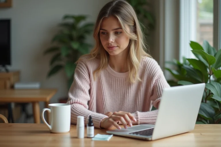 Jeune femme compare produits de beauté en ligne