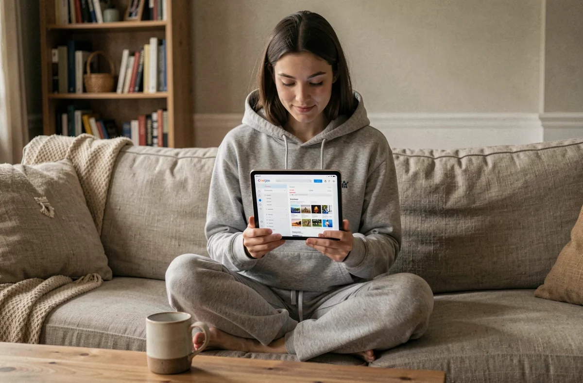 Jeune femme explorant les pages disponibles d'un site d'information sur sa tablette depuis son salon