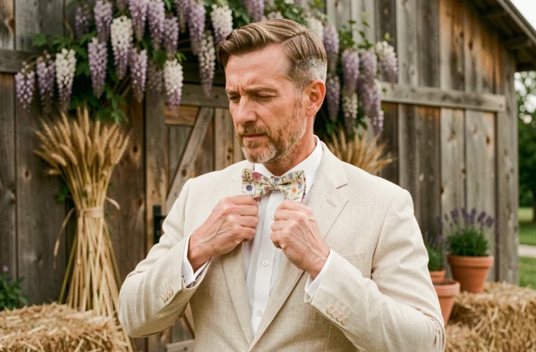 Marié ajustant son nœud papillon fleuri en lin devant une grange rustique décorée pour un mariage champêtre