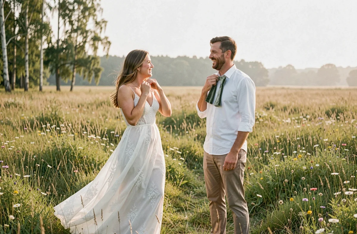 Mariée nouant un nœud papillon velours vert sauge à son marié dans une prairie fleurie lors d'un mariage champêtre