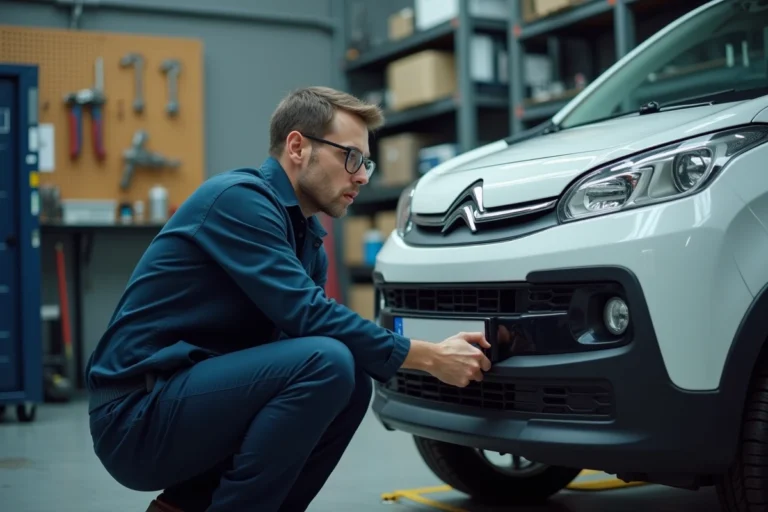 Mécanicien examinant le tableau de bord d'une Citroën C3 blanche dans un garage automobile pour identifier le voyant clé à molette