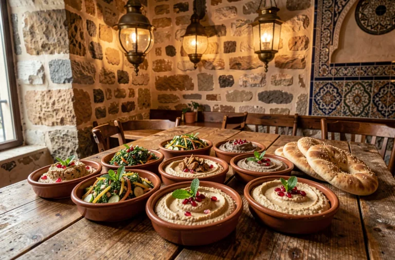 Assortiment de mezze libanais authentiques servis dans un restaurant halal à Paris avec hummus, taboulé et pain pita