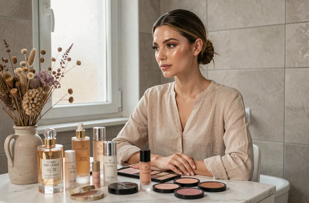 Femme aux traits soignés découvrant les dernières nouveautés beauté et soins de peau sur une coiffeuse en marbre blanc dans un appartement parisien épuré