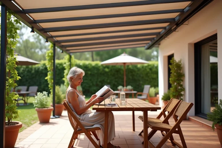 Pergola en polycarbonate teinté bronze anti-chaleur sur une terrasse moderne avec jardin verdoyant en été