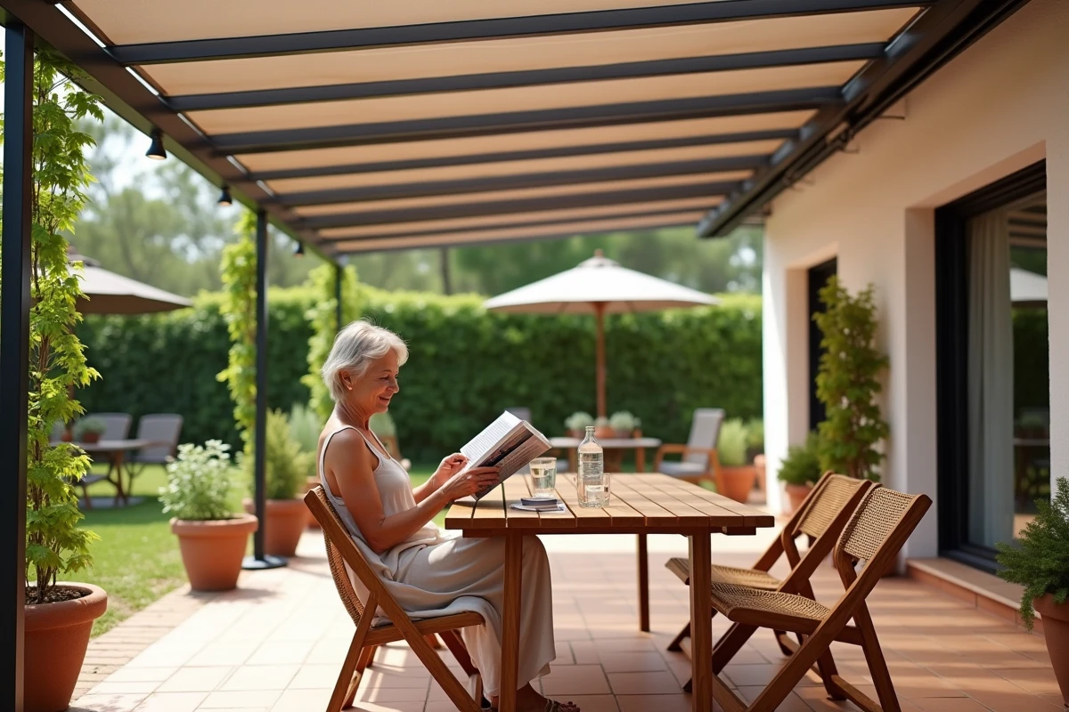 Pergola en polycarbonate teinté bronze anti-chaleur sur une terrasse moderne avec jardin verdoyant en été