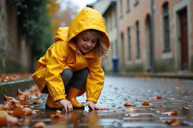 Petite fille en imperméable jaune explorant une flaque d'eau sur un trottoir en automne