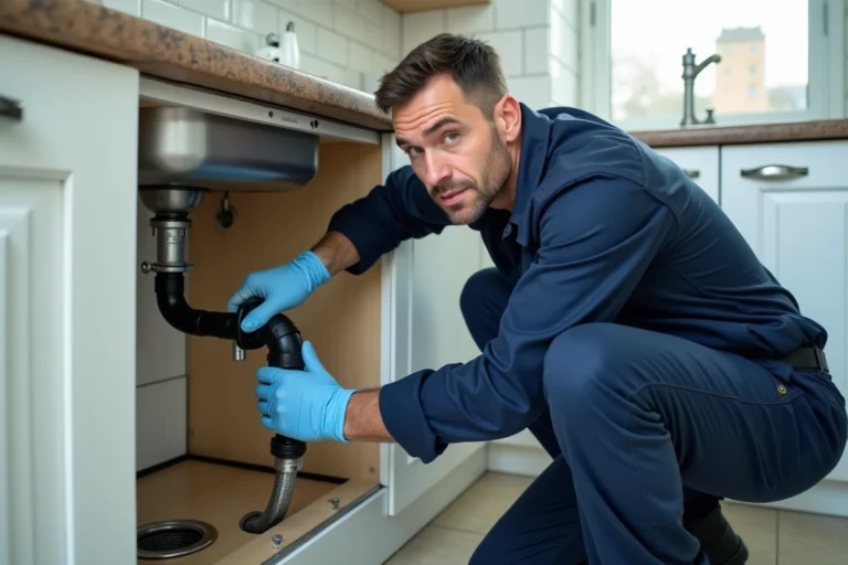 Plombier professionnel utilisant un furet pour déboucher les canalisations sous un évier de cuisine