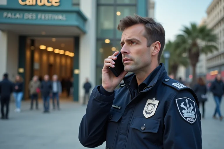 Policier français en uniforme devant le Palais des Festivals de Cannes lors d'une alerte à la bombe, parlant dans sa radio avec une expression concentrée