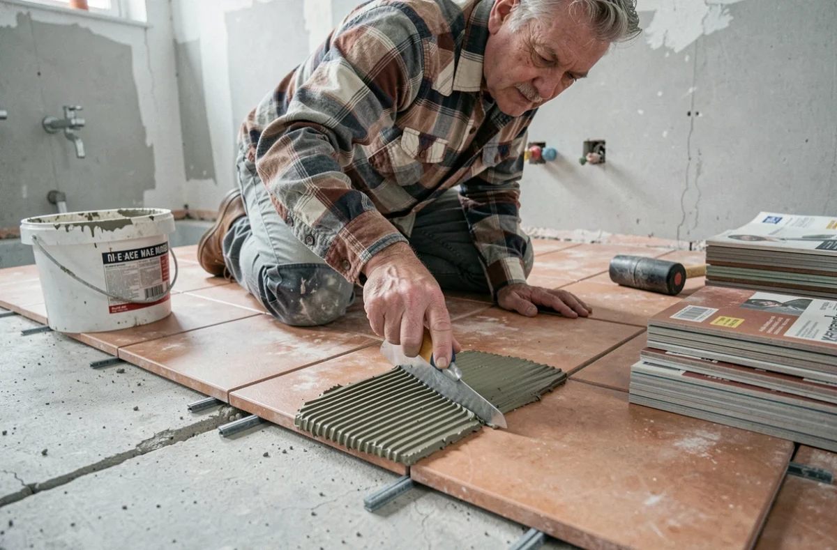 Artisan posant des carreaux en terre cuite sur le sol d'une salle de bain en rénovation