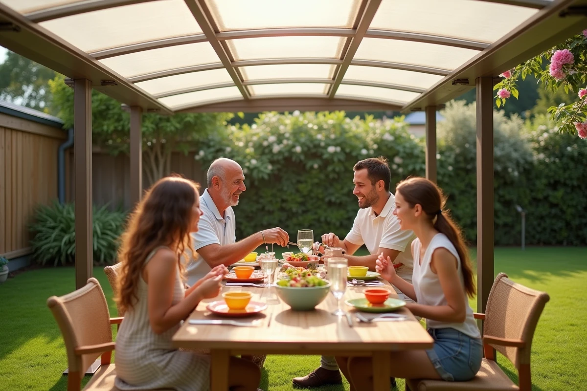 Famille déjeunant sous une pergola en polycarbonate anti-chaleur dans un jardin suburban en été
