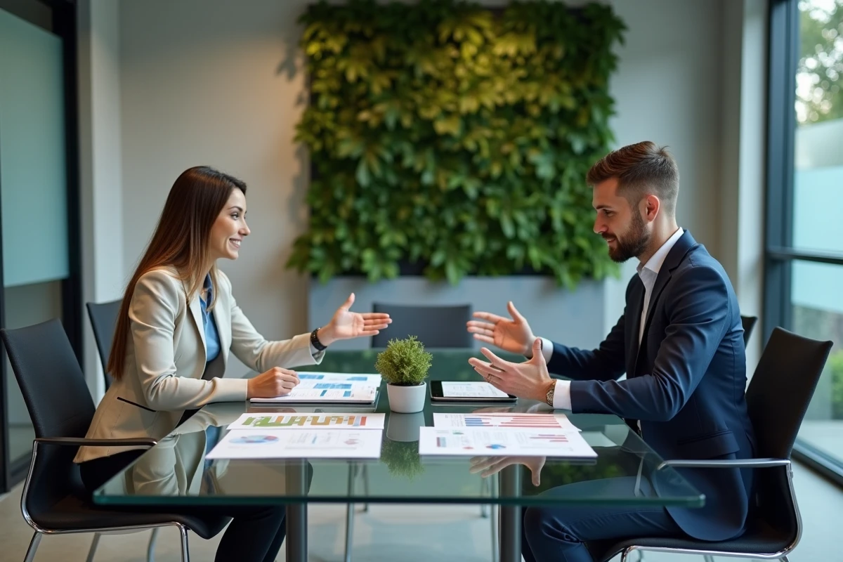 Deux professionnels discutant de stratégies d'investissement autour d'un tableau financier dans une salle de réunion moderne