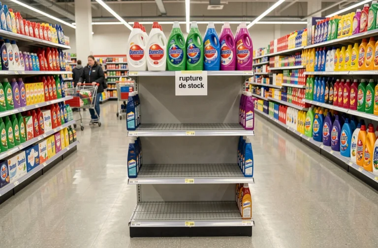 Rayon de supermarché avec une rupture de stock de Domestos, étagère vide entourée de produits concurrents