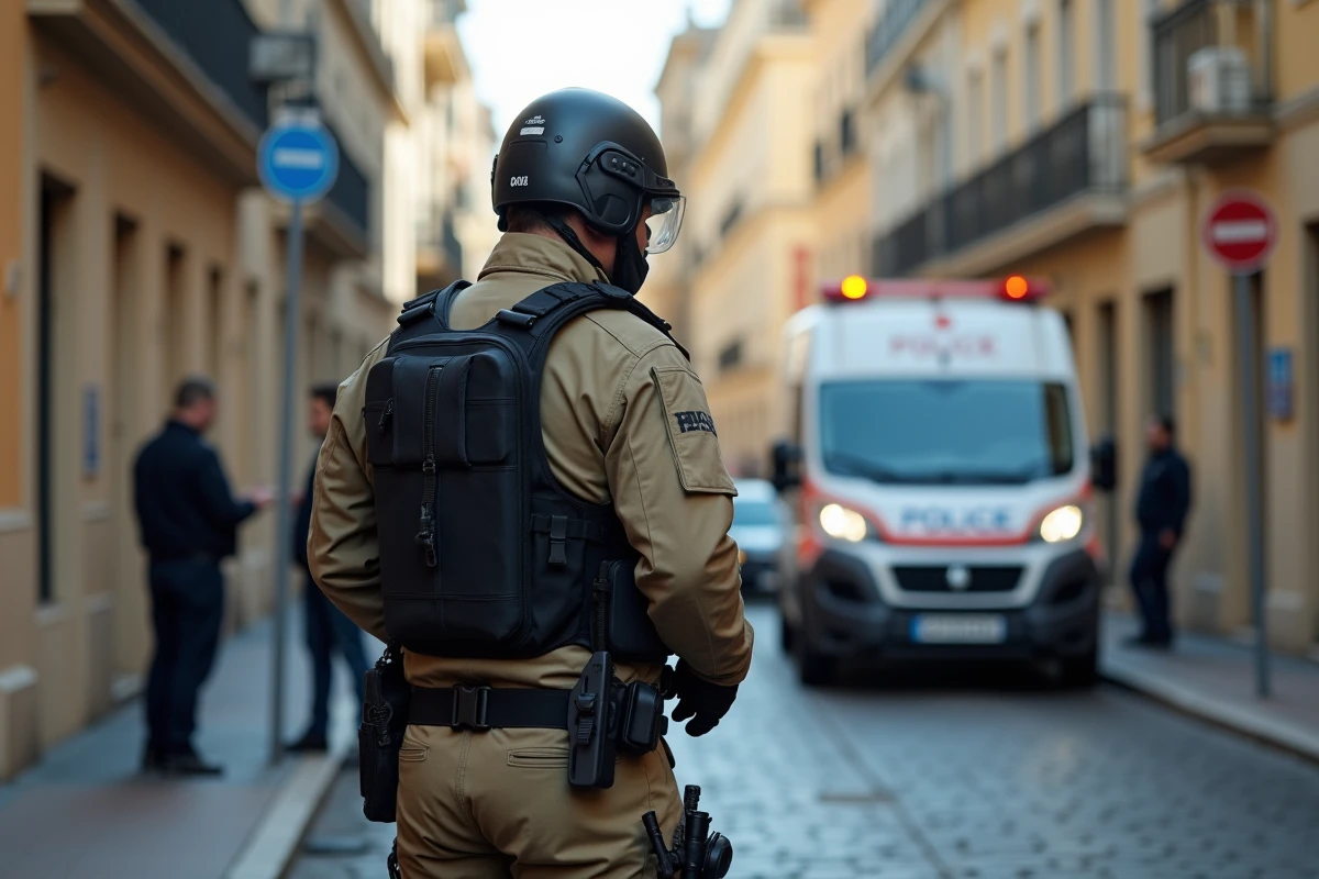 Technicien du déminage de la police française en tenue tactique près d'un cordon de sécurité dans une rue de Cannes lors d'une opération d'alerte à la bombe