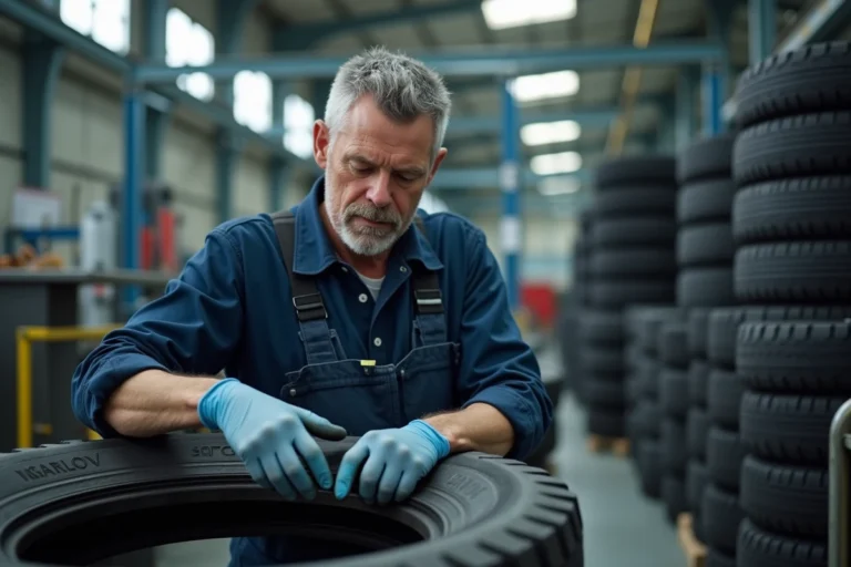 Technicien en usine inspectant un pneu avec expertise