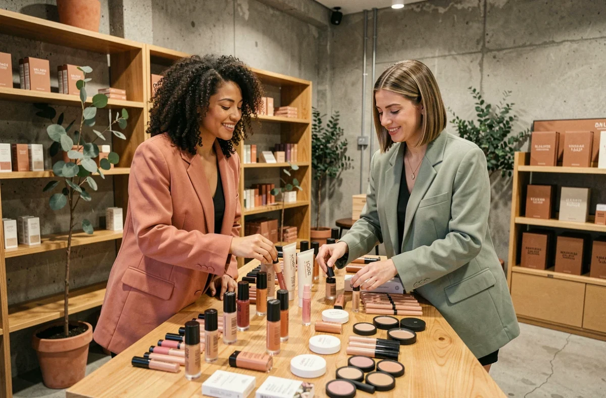 Deux femmes tendance découvrant les produits de maquillage et beauté incontournables du moment dans un concept store moderne aux étagères en bois et murs en béton